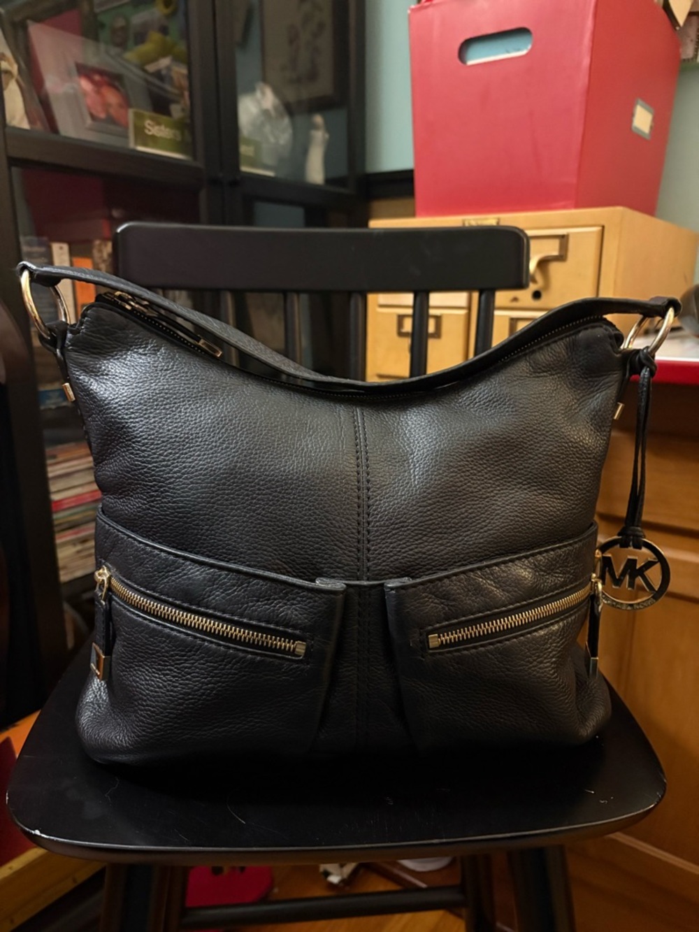 Michael Kors Black Leather Shoulder Bag with Gold Hardware